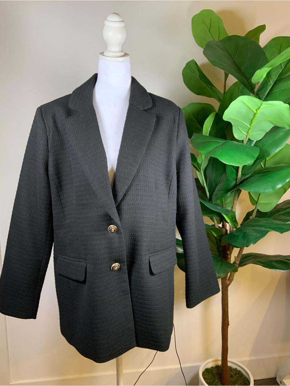 Women's Black Textured Blazer with Gold Buttons